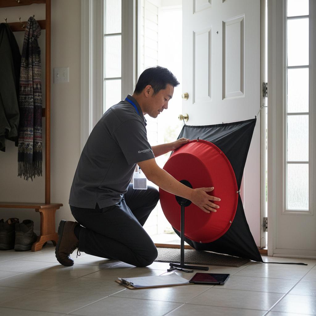 A certified energy auditor runs a blower-door test to find where a home is leaking heated and cooled air before any work is scheduled.